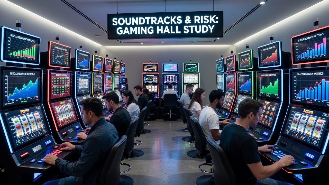 Close-up of casino floor speakers and digital sound control panel near gaming stations