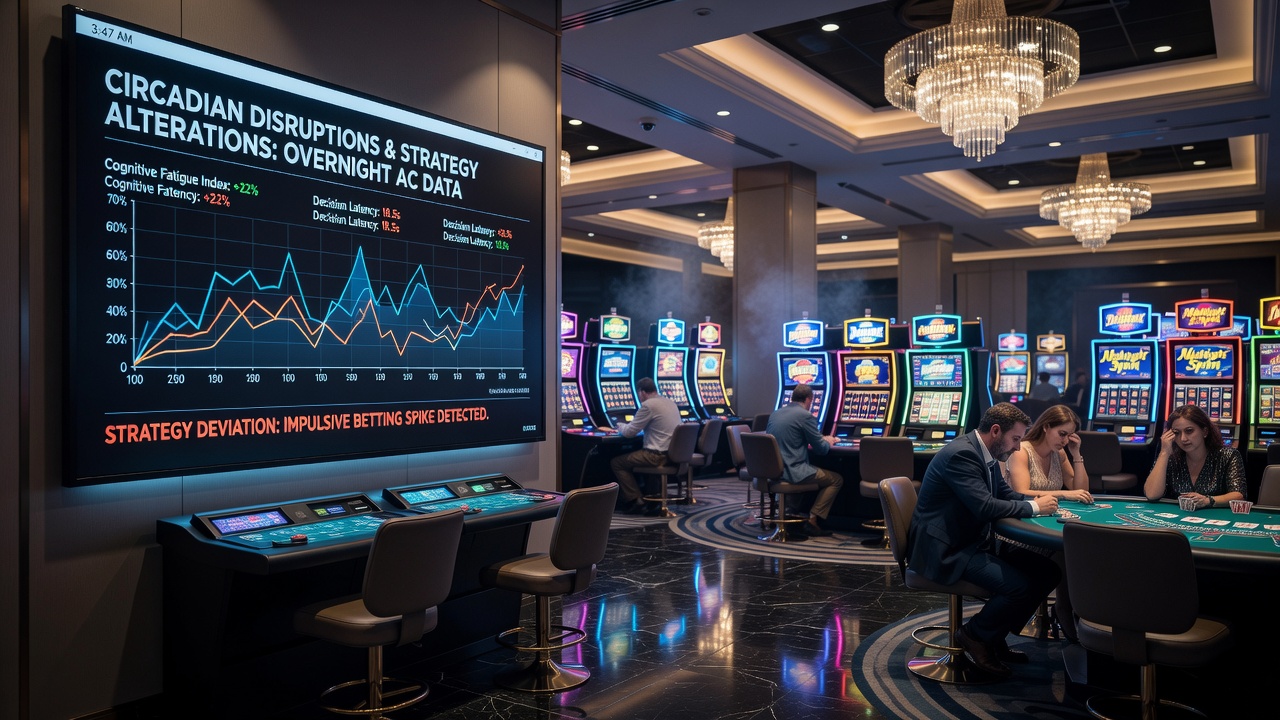 Overnight casino activity with players and staff interacting at gaming tables