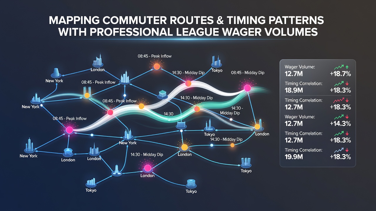 Heatmap of wager timing overlaid on subway and rail lines serving professional sports venues