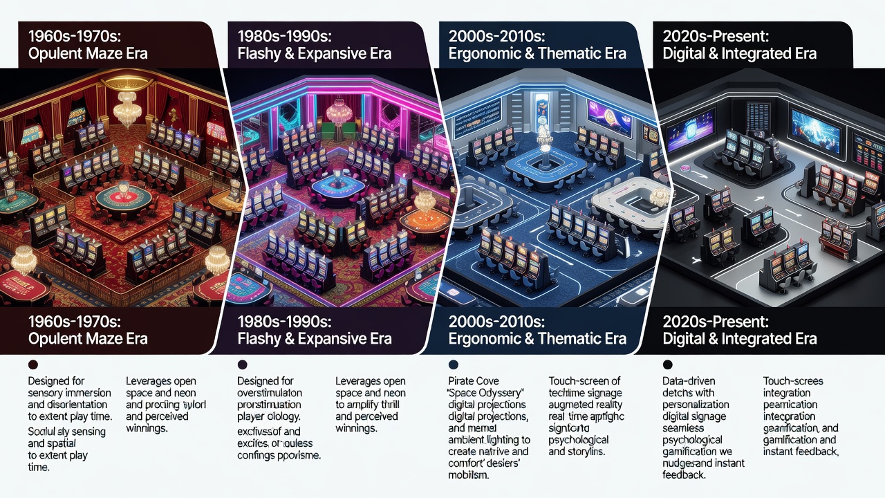 Contemporary casino floor with LED lighting zones, digital displays, and curved pathways guiding player movement